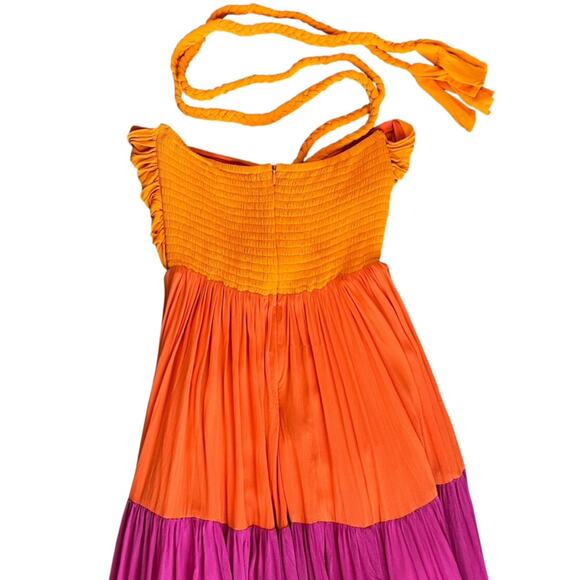 Farm Rio Women’s Color Block Orange Pink Halter Tie Cutout Bust Maxi Dress Small - Picture 8 of 14